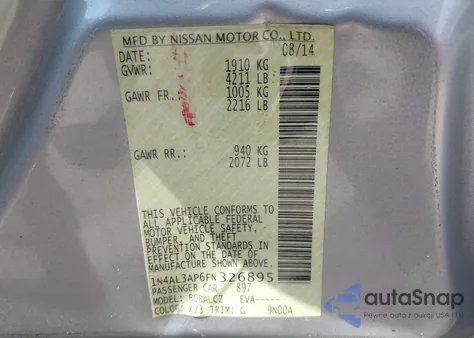 2015 Nissan Altima 2.5 S z USA, uszkodzony, nr VIN 1N4AL3AP6FN326895